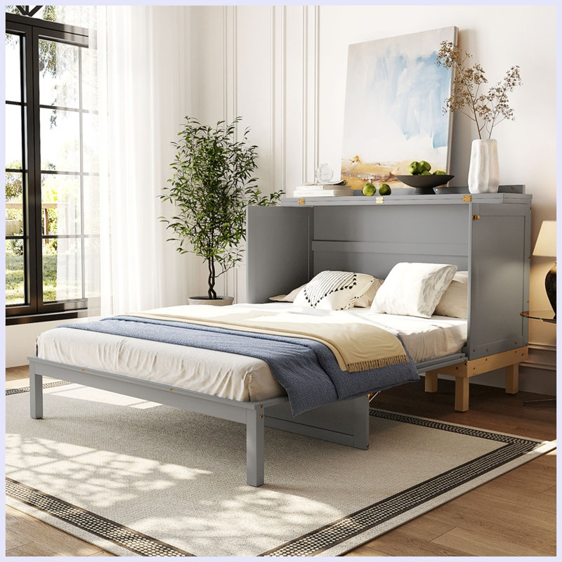 Queen Size Murphy Bed, 2-in-1 Wooden Cabinet Bed with Underbed Storage Drawer, Pine Wood & MDF Frame, White & Gray, Gray