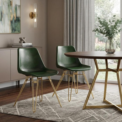Set of Two Green and Gold Leather Dining Side Chairs