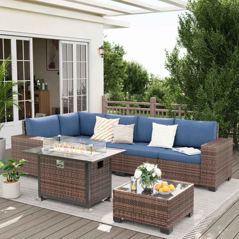 Ensemble de conversation modulaire en rotin pour 6 personnes avec coussins, Marine, Brun
