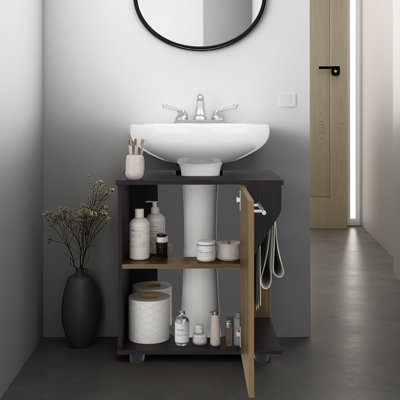 Armoire double sous le lavabo à double porte, panneau arrière ouvert, panneau de particules noir, hauteur de 24,02 po, largeur de 22,34 po, surface lisse, rangement compact pour petites salles de bain, grande unité autoportante, profondeur moderne de 16,59 po,