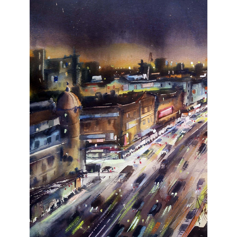 Night City Street From Top | Aquarelle sur papier | Par Samiran Sarkar