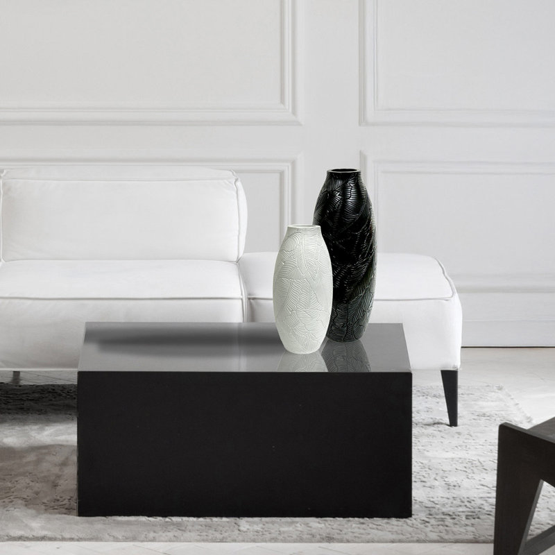 Dasmon Handmade Polyresin Floor Vase for Living Room Decor, Black Leaf Pattern for Modern Home Decoration, White