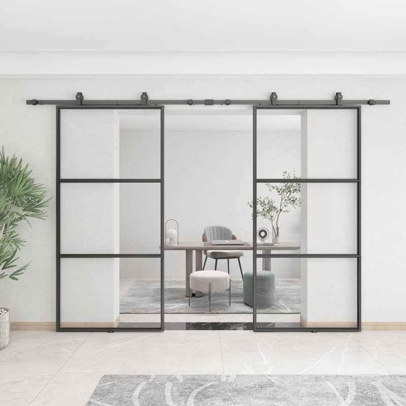 Porte de grange coulissante double en métal et en verre transparent avec ensemble de quincaillerie d'installation JUBEST, 2 ensembles de portes