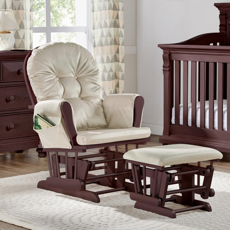 Cleo Wooden Glider and Ottoman, Beige Polyester, Espresso Wood
