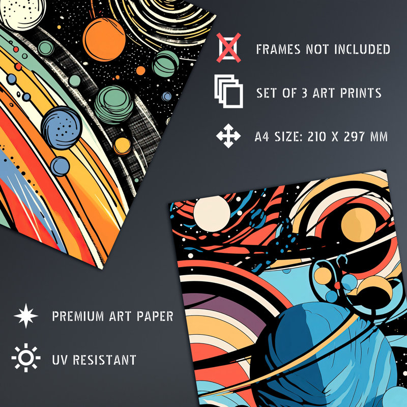Space Cosmos Planets Abstract Comic Book Style Kids Bedroom 3 Piece Wall Art, 29.7cm H x 21cm W x 0.4cm D