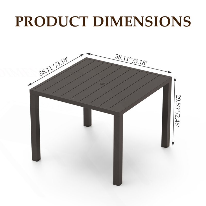 Outdoor Dining Table, Square Slatted Metal Patio Table With Umbrella Hole, Modern Table