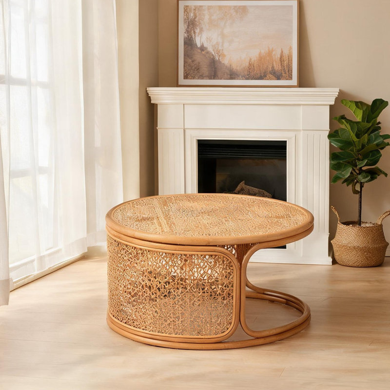 Table basse ronde en rotin avec tissage géométrique, base tambour de 31,5 pouces, brun miel