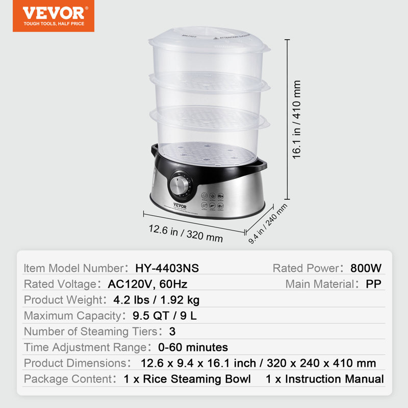 Cuiseur à vapeur électrique à 3 niveaux 9,5 pte VEVOR et minuterie 60 min 800 W