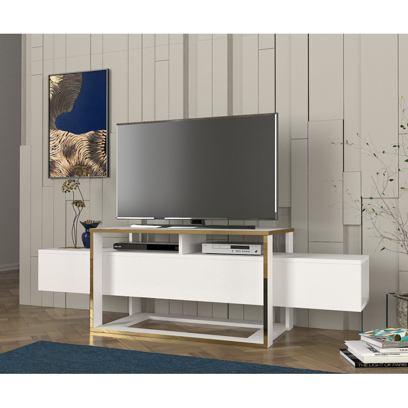 Modern TV Stand with Wall Mount Capability, White & Gold, 63.0 x 19.6 x 18.1 inches | 100% Melamine Coated Particle Board, 0.7 inches Thick | Multiple Shelves for Additional Storage, Stylish & Functional Design