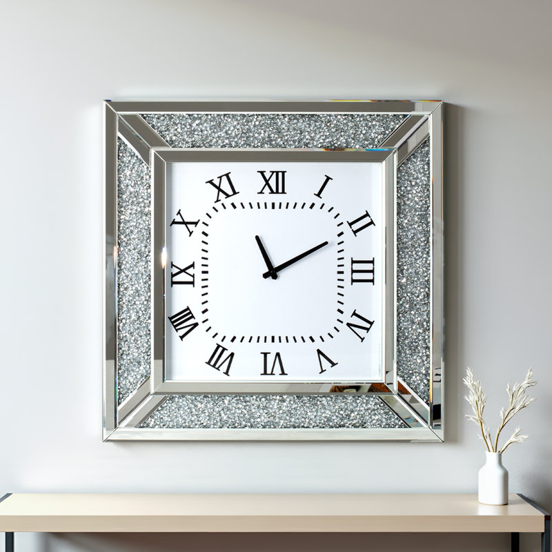 60cm Silver Mirrored Glass Square Wall Clock