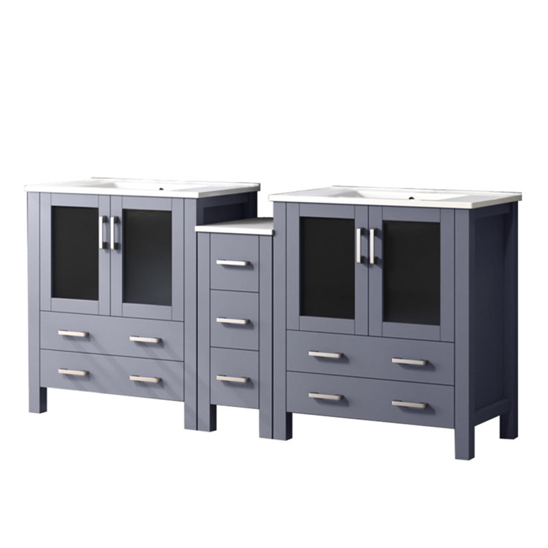 Meuble-lavabo double 72 po L, teinte gris foncé, avec armoire latérale, plateau en céramique blanche, structure en bois massif, fonction de fermeture en douceur, 2 armoires et 7 tiroirs, comptoir large à surface teintée, corps, caractéristique,