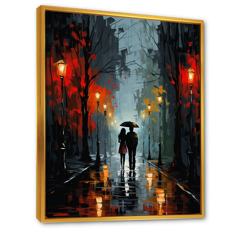 Couple, paysage urbain, allée - Portrait romantique, art mural, Cadre flottant doré, H 40 po x l 30 po x P 1,5 po