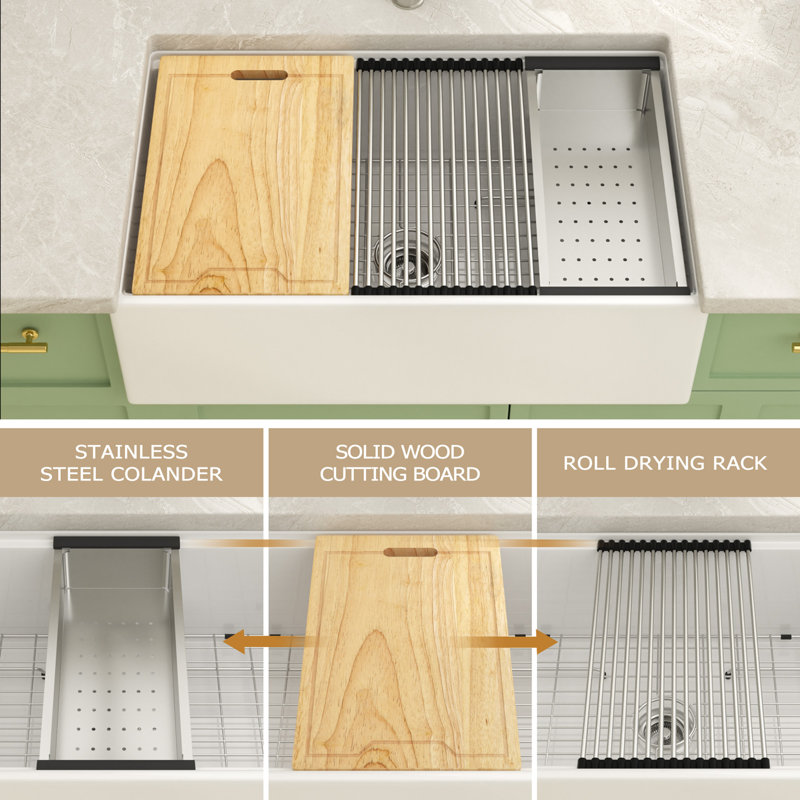 Évier de cuisine à simple cuve à tablier frontal en céramique avec grille d'évier, grille, planche à découper, passoire et support à roulettes L 33 po x l 20 po