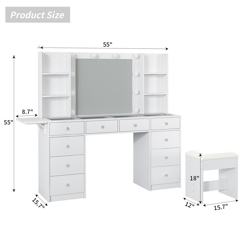 Makeup Vanity with Lighted Mirror, Charging Station, 4 Shelves, Fold-Up Panel, 10 Drawers, 3 Lighting Modes, White