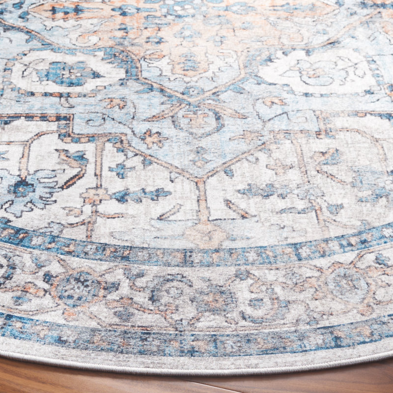 Yadian Orlando Felt/Velvet/Laminated Film Machine Washable Southwestern Rug in Blue/Beige, Round 6'7"