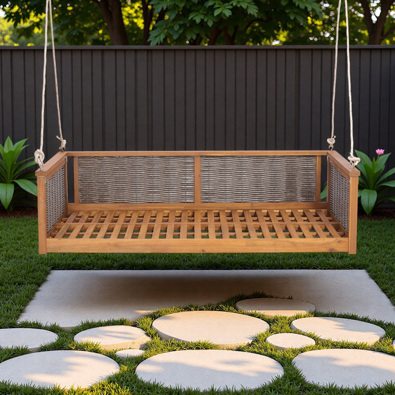 Lit de balançoire extérieur avec système de corde sécuritaire et rotin durable, Teck