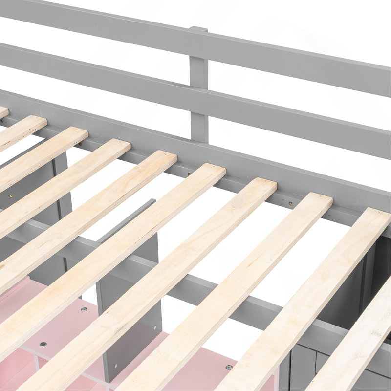 Lit mezzanine en bois pleine grandeur avec garde-robe, tablettes et armoire, Rose / Gris, Double
