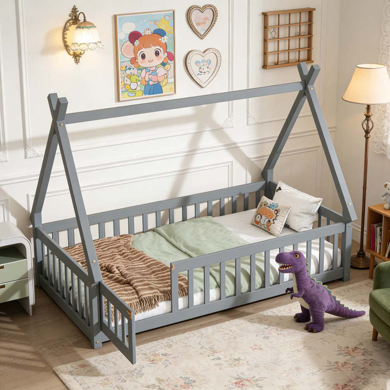 Lit simple en forme de tente, lit tipi avec garde-corps, lattes et porte, Gris