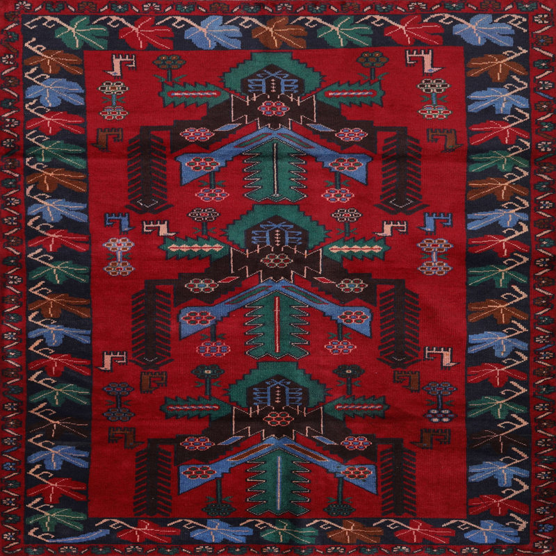 Tapis rouge / vert / bleu Southwestern, Carré 5 pi