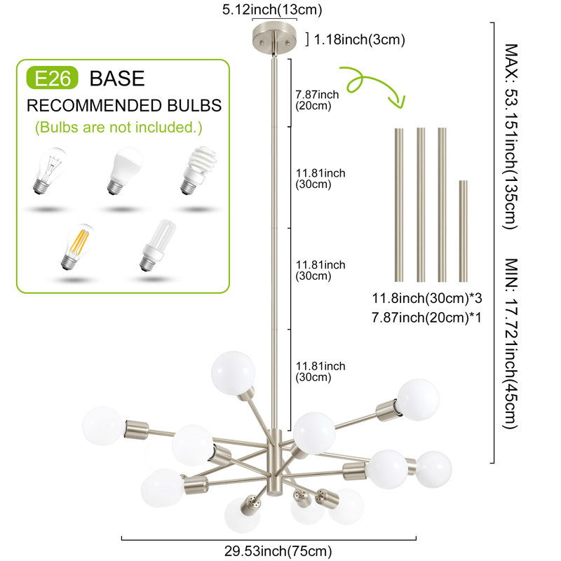 Lilwenn 12 - Light Sputnik Modern Linear Chandelier, Nickel
