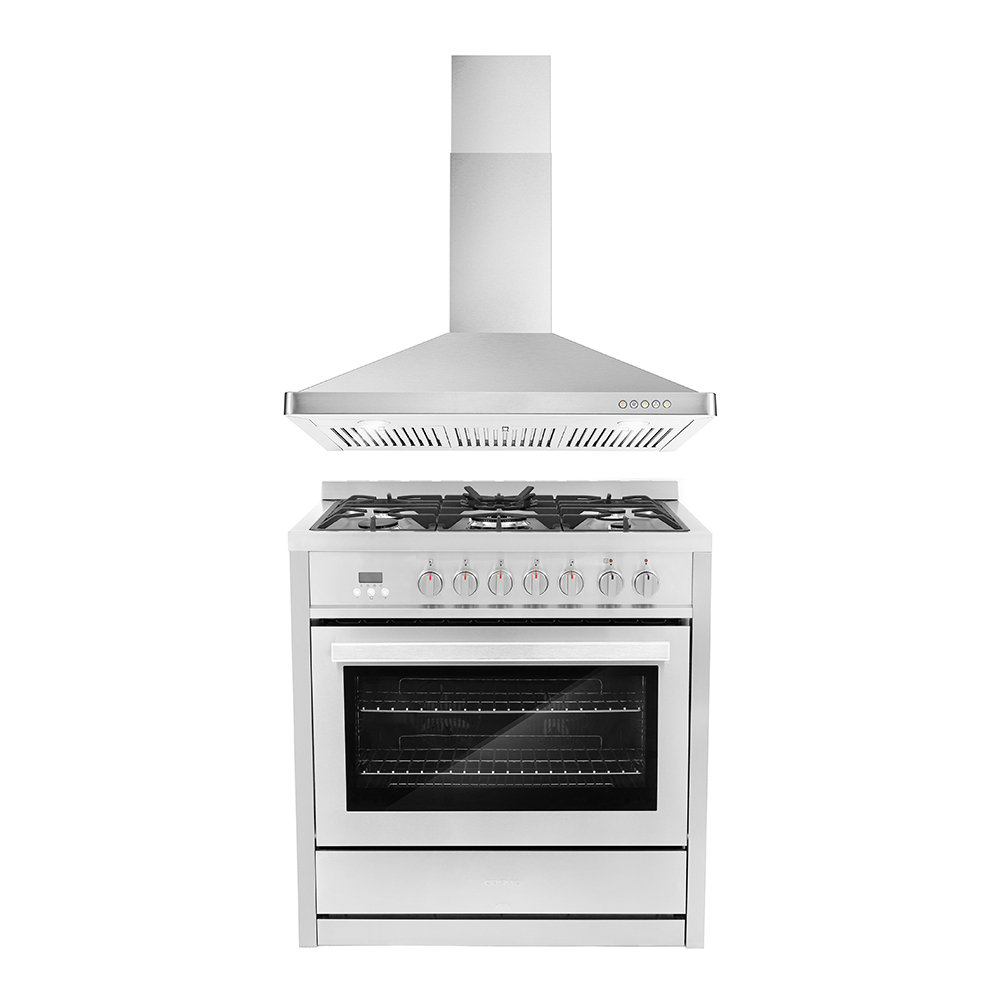 Cosmo 2 Piece Kitchen Appliance Package with 36'' Dual Fuel Freestanding Range , and Wall Mount Range Hood Cosmo