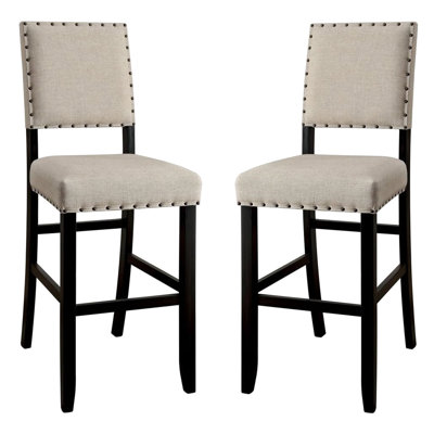 Counter Height Bar Chairs, 2Pcs, Rustic Touch, Linen-Like Fabric, Solid Wood, Nailhead Trim, Antique Black