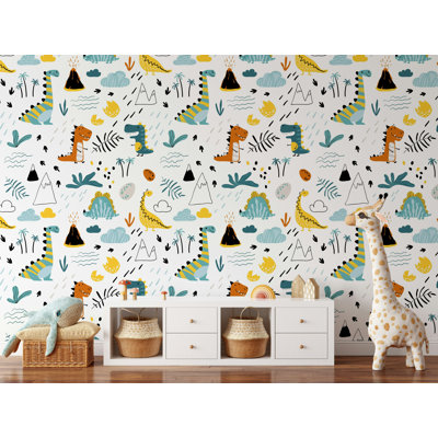Cute Dinosaur Pattern Wallpaper in Teal and Mustard