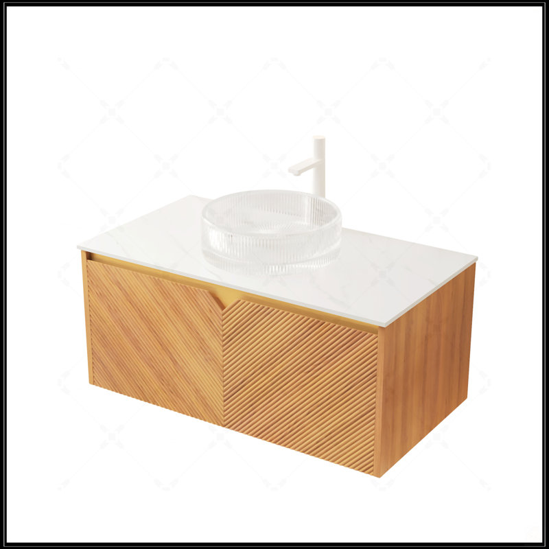 Meuble-lavabo de 36 po avec rangement flottant, lavabo en verre transparent et plateau en pierre frittée Carrara, finition chêne brun