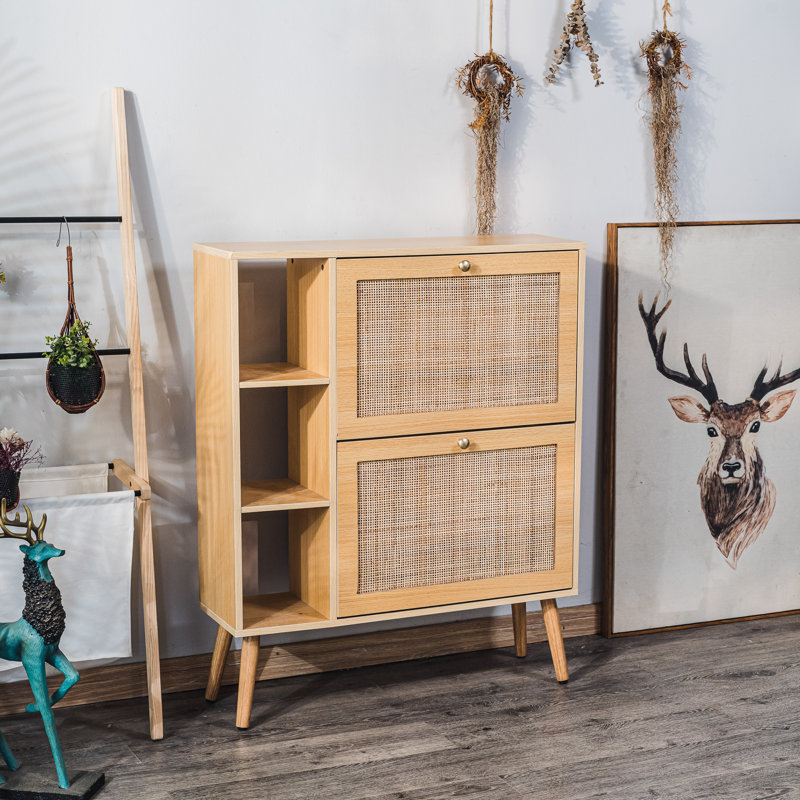 Younts 2-Drawer Wood and Rattan Shoe Cabinet