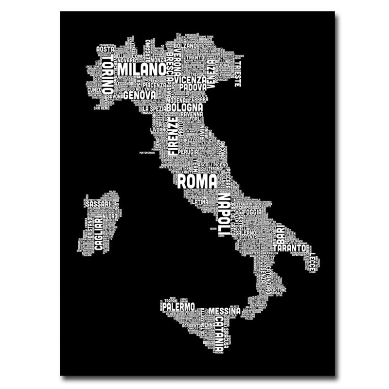 "italie city map i" par michael tompsett, art textuel sur toile tendue, H 24 po x l 18 po x P 2 po