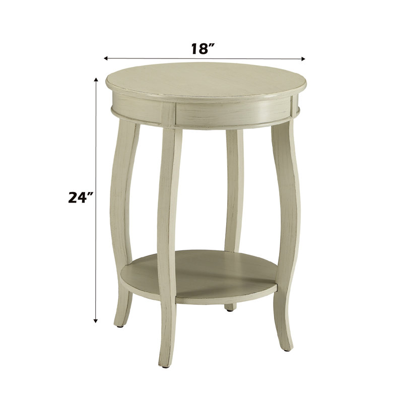 Table d'appoint ronde en bois blanc antique avec tablette, adaptée à divers espaces, ajoutant du charme à tout espace
