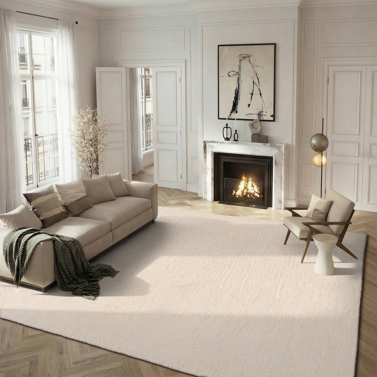 Abriel Ivory Solid Hand-Woven Wool Rug, Rectangle 8' x 10'
