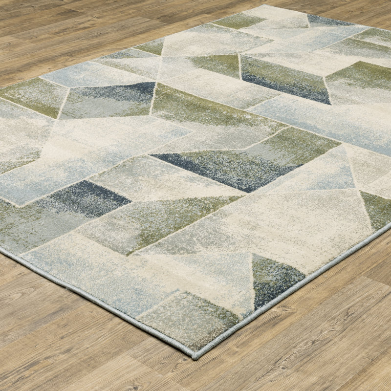 Tapis d'intérieur bleu / vert à motif géométrique contemporain Schœneck, Rectangle 6 pi 7 po x 9 pi 2 po