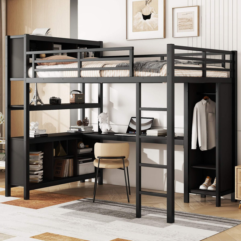 Lit mezzanine double en métal avec bureau en L et garde-robe, lit double - rangement compact pour enfants, adolescents et adultes
