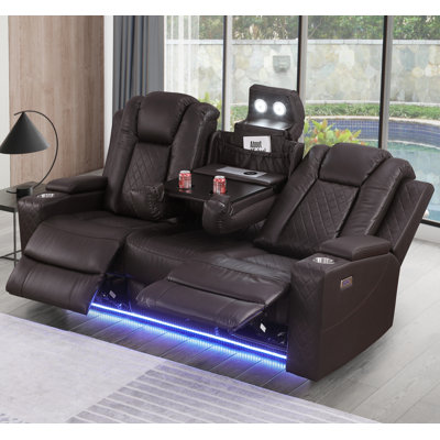 Tiertza Leather 82" Wide Power Reclining Sofa W/ Wireless Charger & Tray Table by Ivy Bronx