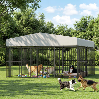 10x10x6 FT Heavy Duty Outdoor Dog Kennel with Waterproof & UV-Resistant Roof, Large Outside Dog Run Enclosure with 2 Rotating Bowls & Secure Lock, Dog Fence Outdoor for Medium Large Dogs