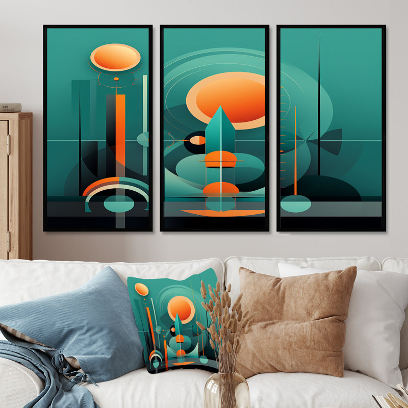 Ensemble d'art mural rétro moderne pleine lune City I - Mid-Century, Cadre flottant noir, H 40 po x l 60 po x P 1 po