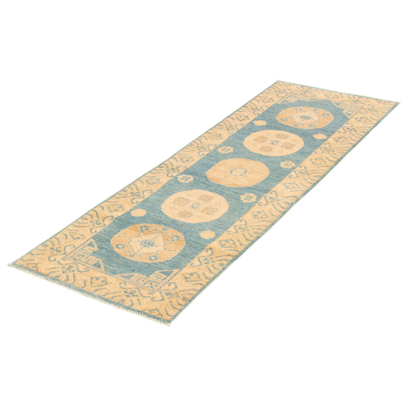 Tapis de couloir en laine noué à la main de conception unique noué à la main New Age 2 pi 11 po x 8 pi 10 po Tapis décoratif en beige/bleu