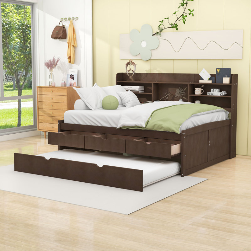 Full Size Daybed with Shelves, Three Drawers and Twin Trundle, Antique Brown