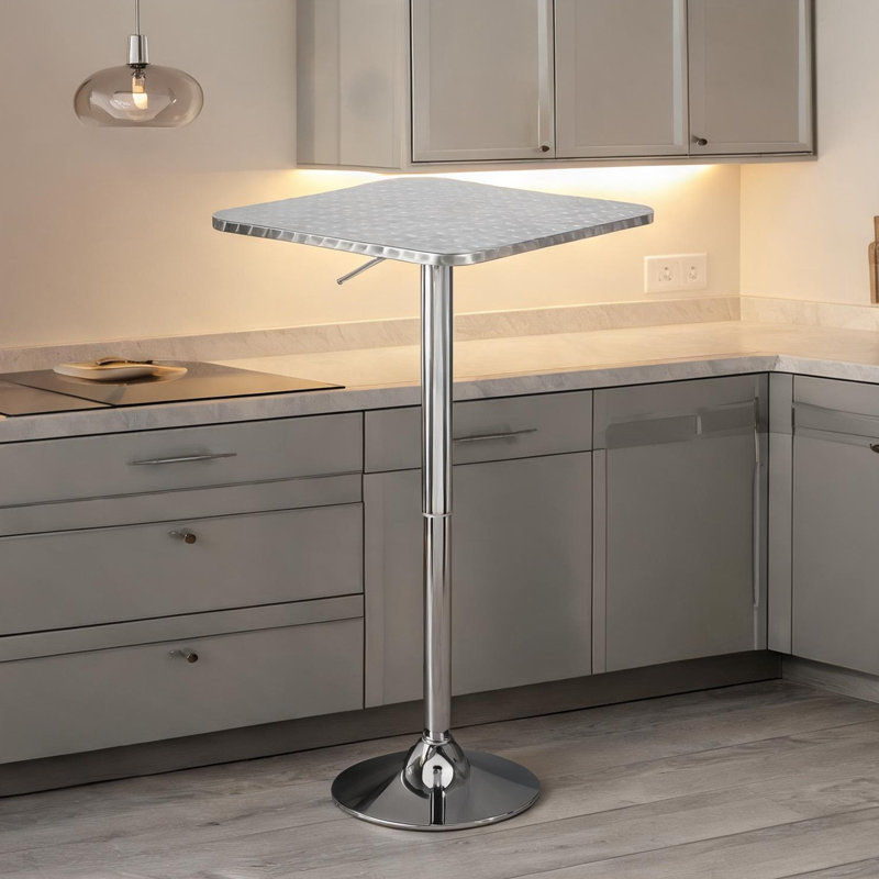 Table carrée carrée avec réglage hydraulique de la hauteur, plateau en aluminium argent poli et base chromée, conception compacte de 25,5 pouces
