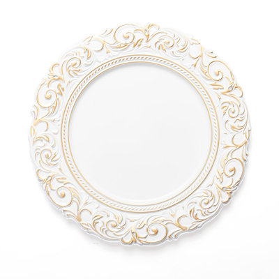 6 PCS 13"D Vintage Embossed Plastic White And Gold Plate Chargers