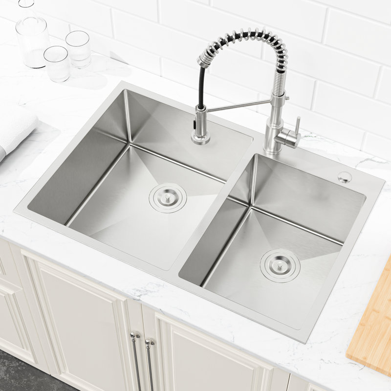 Évier de cuisine en acier inoxydable de 33 po x 19 po sur comptoir, double cuve, avec installation élégante et pratique sur comptoir brossé pour plus de commodité