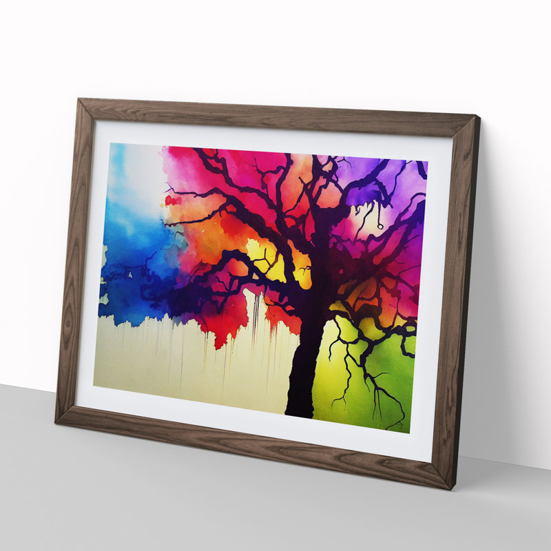 XH1022-8655X Super Colourful Tree Abstract - Single Picture Frame Painting, 25cm H x 34cm W x 2cm D, Walnut
