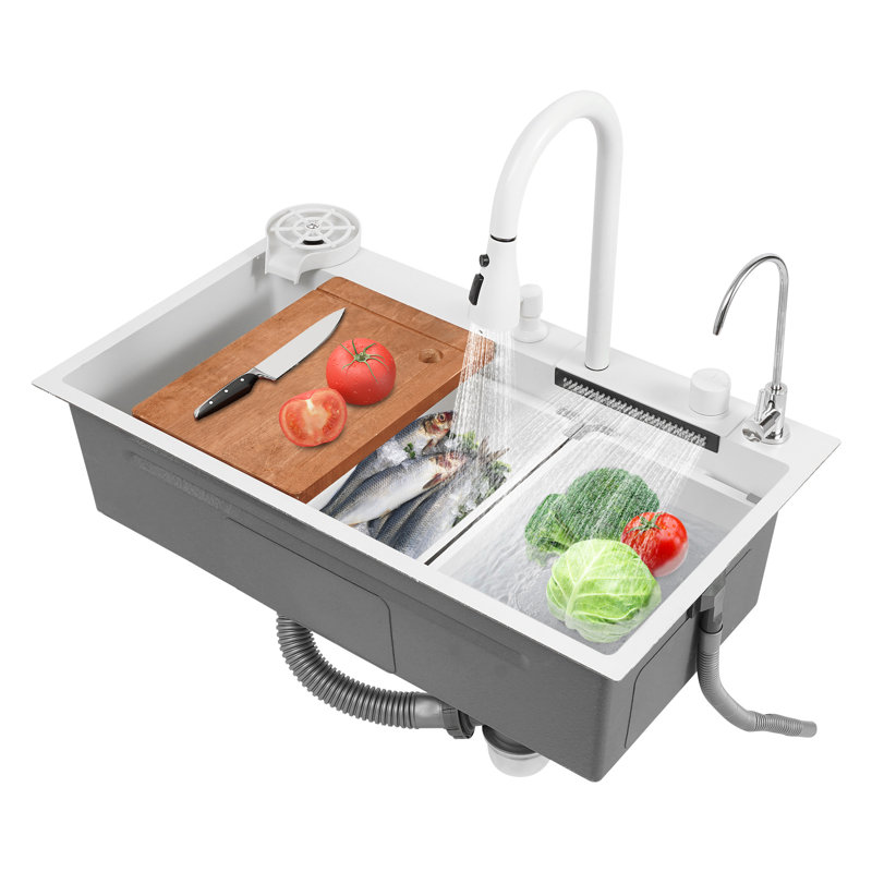31.5Inch White Modern  Stainless Steel Rectangular Kitchen Sink With Single Bowl, Faucet And Board
