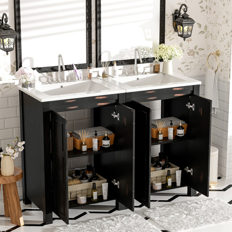 Vintage Style Small Bathroom Vanity Combo With Double Vanities, Ceramic Sinks, Storage Shelf, And Soft Close Doors