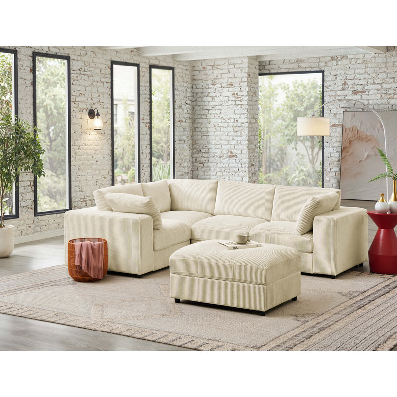Blewle Corduroy Upholstered Modular Sectional, Beige Corduroy