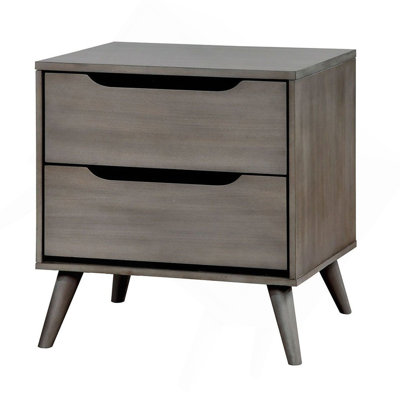Mid-Century Modern Gray Color 1Pc Nightstand Bedroom Furniture  Wood Round Tapered Legs 2-Drawers Bedside Table