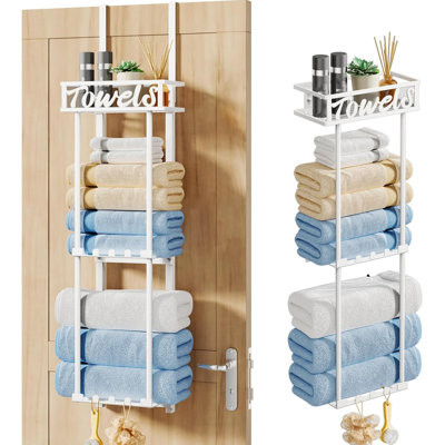 Porte-serviettes à 3 niveaux avec fixation murale, panier en métal et 6 crochets pour le rangement et l'organisation de la salle de bain