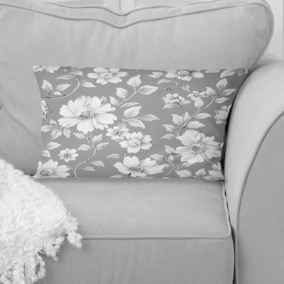 Grey White Floral Blooms II - Transitional Lumbar Pillow