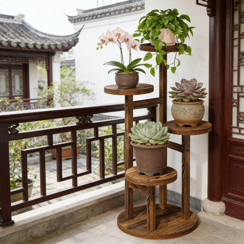 Support pour plante d'intérieur en bois à 4 niveaux avec pot à fleurs robuste, support à fleurs vertical robuste pour un coin étroit, organisateur de tablettes rustiques pour la salle de bain